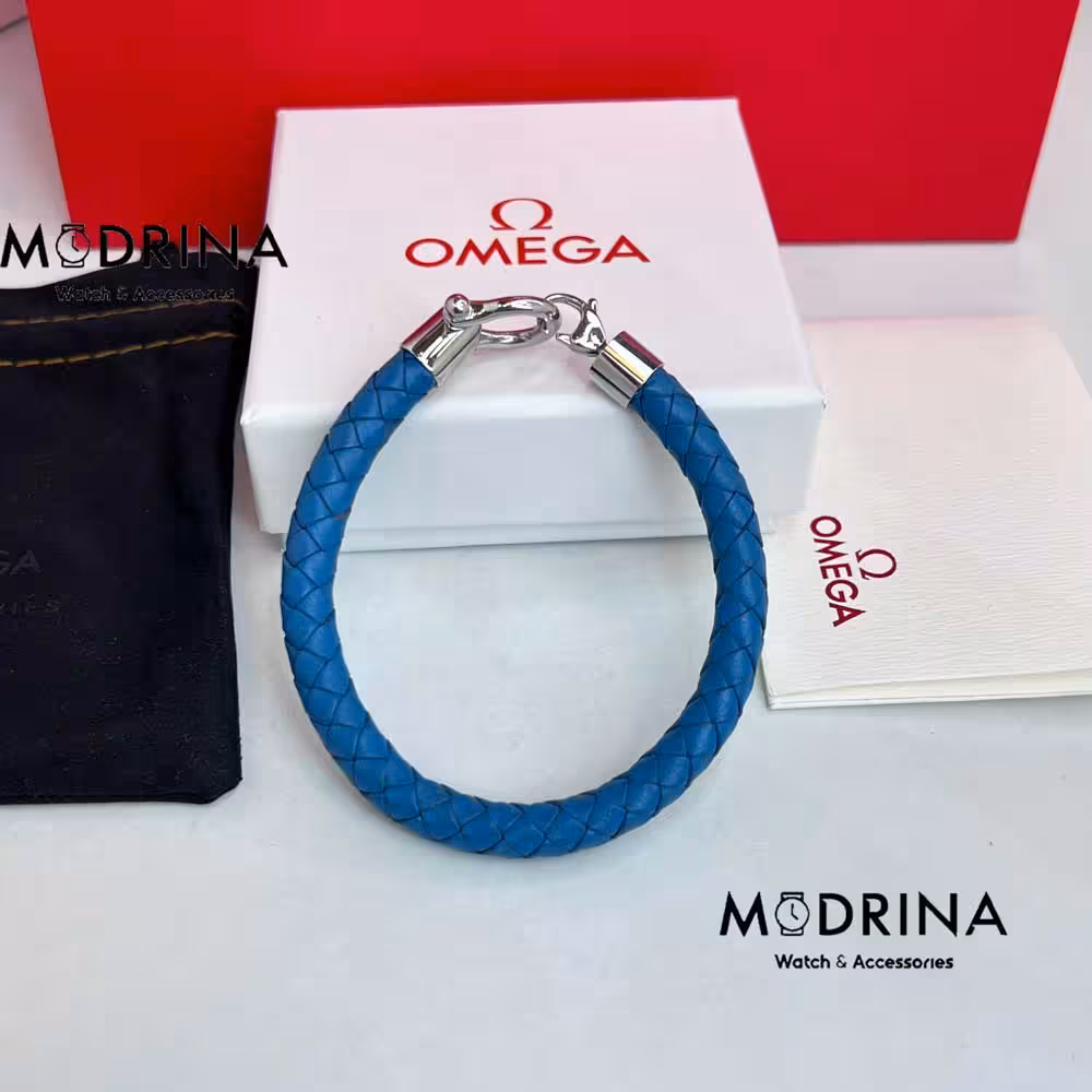 دستبند چرم امگا آبی فیروزه ای