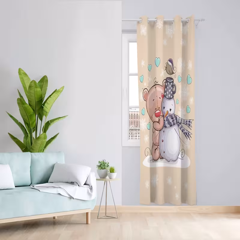 پرده  اتاق کودک جنس مخمل پانچی طرح بچه خرس و ادم برفی