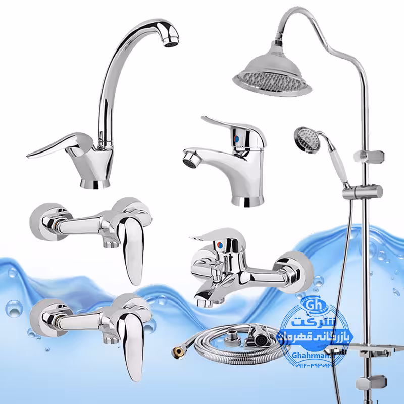 ست 7 عددی شیرآلات برند آیدا صنعت مدل قهرمان | شیر ظرفشویی   روشویی   حمام   2 عدد توالت   علم دوش شیپوری   شلنگ توالت | کروم براق