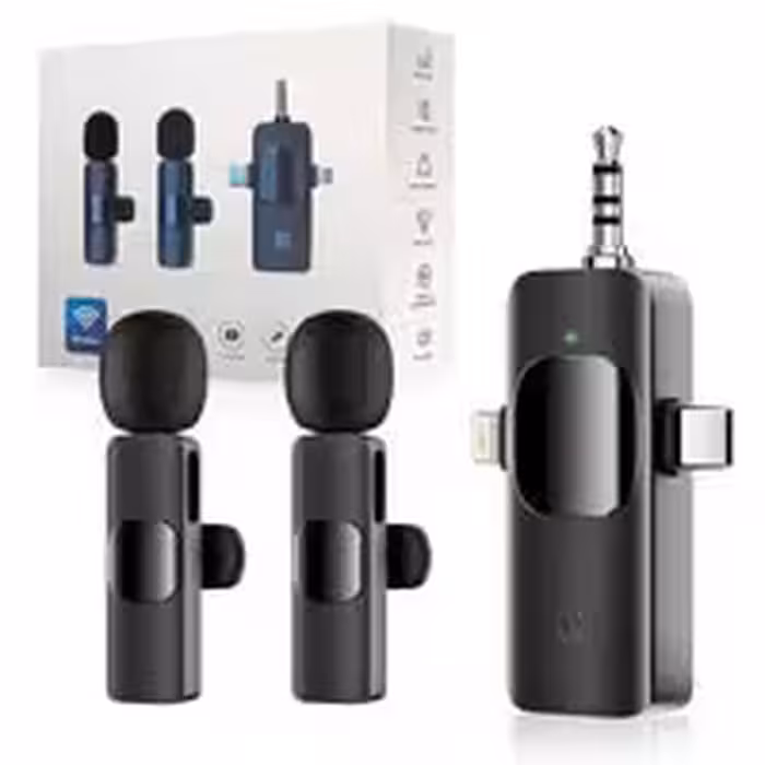 میکروفن یقه ای دوتایی بیسیم شارژی سه کاره Type-c,lightning,Aux