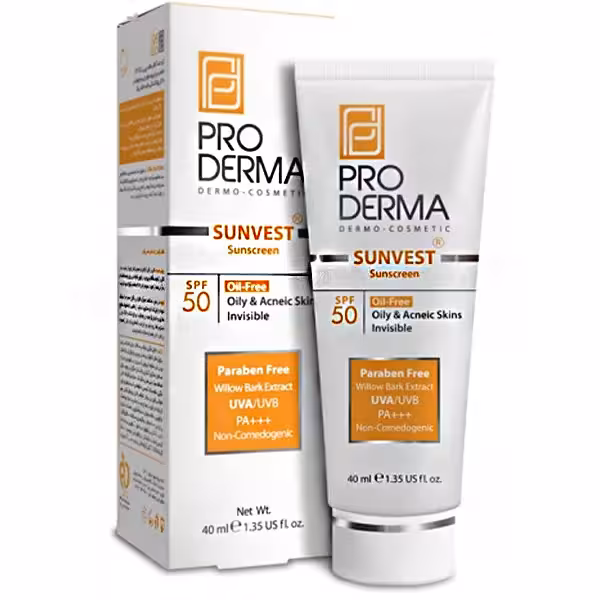 کرم ضدآفتاب بی رنگ، فاقد چربی و ضدآکنه SPF 50 پرودرما 40 میلیلیترProderma