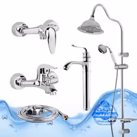 ست 5 عددی شیرآلات برند آیدا صنعت مدل قهرمان | شیر روشویی پایه‌بلند   شیر حمام   شیر توالت   شلنگ توالت   علم دوش شیپوری | کروم براق