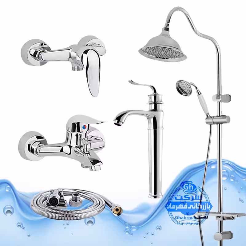 ست 5 عددی شیرآلات برند آیدا صنعت مدل قهرمان | شیر روشویی پایه‌بلند   شیر حمام   شیر توالت   شلنگ توالت   علم دوش شیپوری | کروم براق