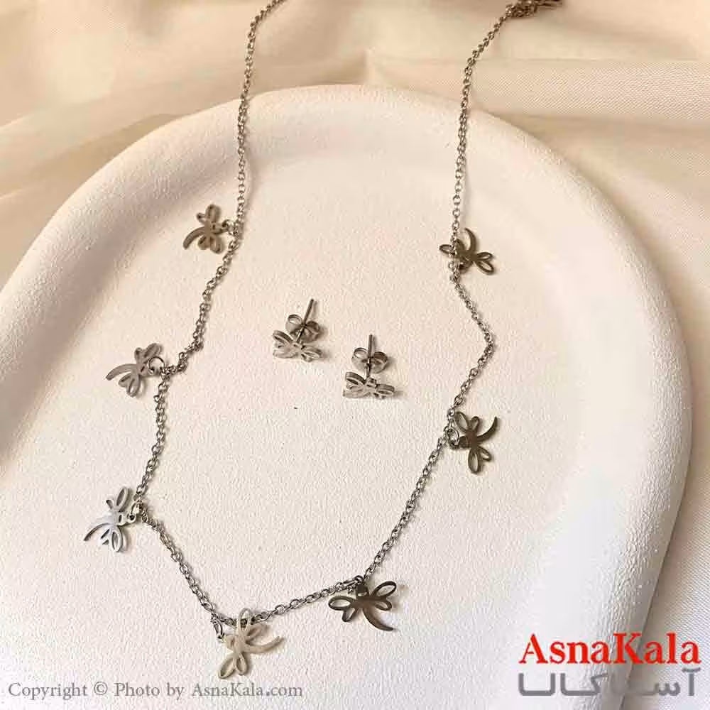 نیم ست زنانه شامل گردنبند و گوشواره استیل مدل سنجاقک خاص رنگ نقره ای کد NIM14943W