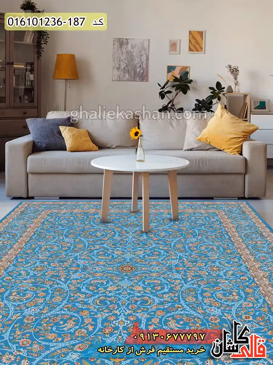 فرش 1200 شانه طرح افشان گلها زمینه آبی کاشان