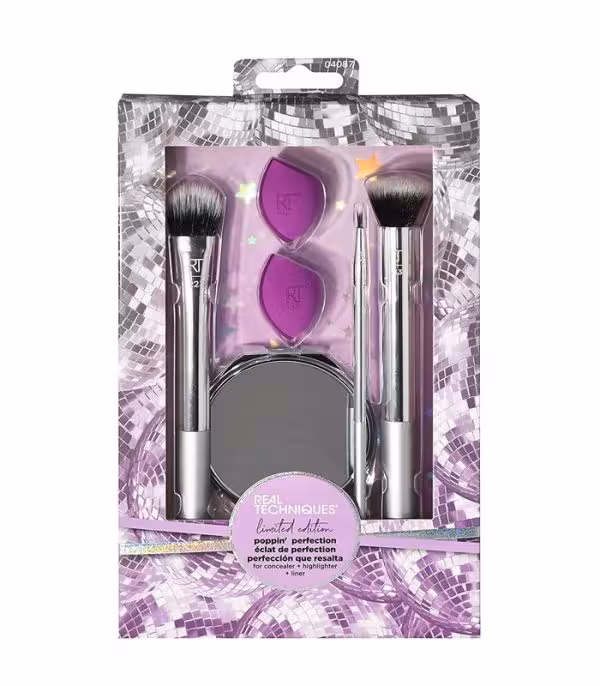 ست براش و آینه Real Techniques داراي 3 عدد براش 2 عدد اسپانج ميني و 1 عدد آینه