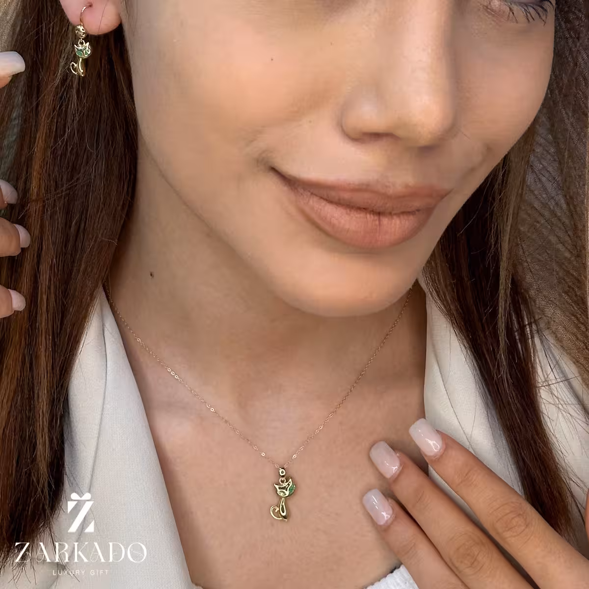 نیم ست طلا طرح گربه چشم سبز کد NS7506