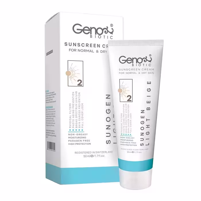 کرم ضد آفتاب بژ روشن 2 پوست خشک SPF50 ژنو 50 میلی‌لیتر | Geno Sunscreen SPF50 Beige Light 2 for Dry Skin 50ml