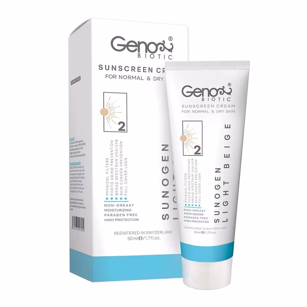 کرم ضد آفتاب بژ روشن 2 پوست خشک SPF50 ژنو 50 میلی‌لیتر | Geno Sunscreen SPF50 Beige Light 2 for Dry Skin 50ml