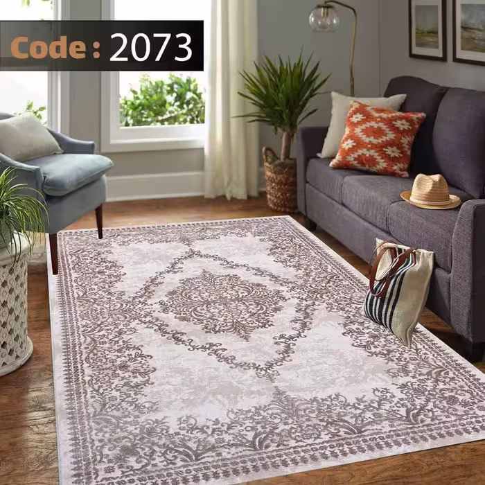 کاورفرش روفرشی دورکشدار گوشه لیفه ای کرم  قهوه ای کد 2073