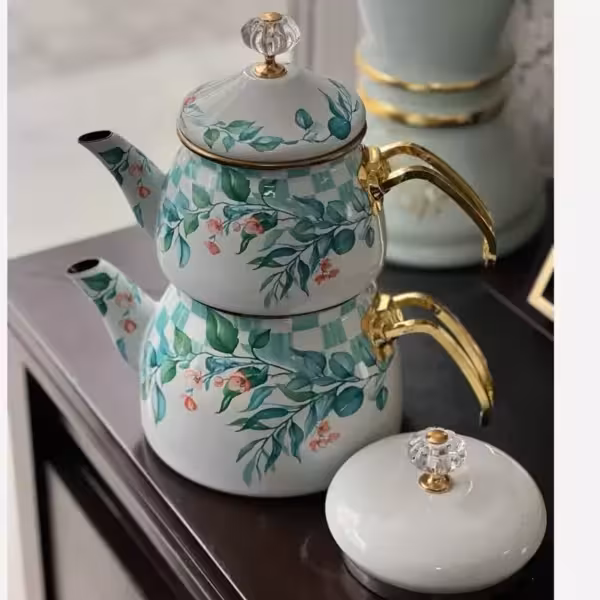 ست کتری و قوری لعابی برند شاهین محصول ترکیه شطرنجی گلدار