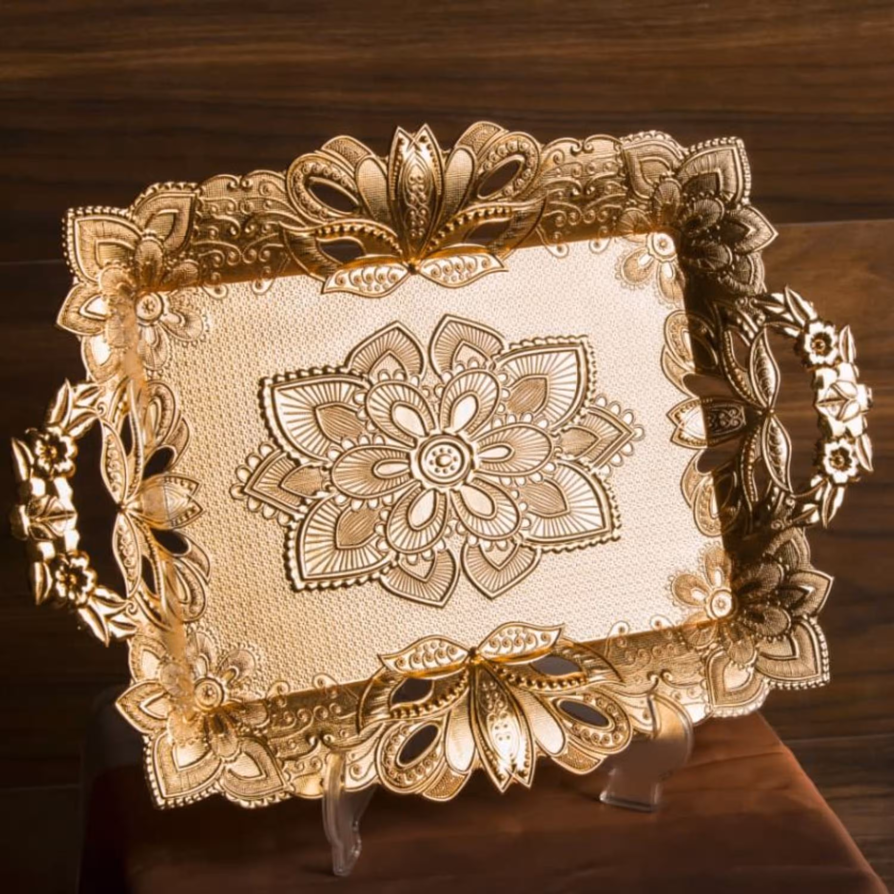 سینی طرح گلدار 6 نفره طلایی و نقره ای