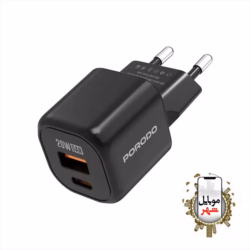 شارژر دیواری دو پورت با کابل مدل PD-FWCH060-C-BK پرودو  Porodo Dual Port Wall Charging with C to C / C to L Cable