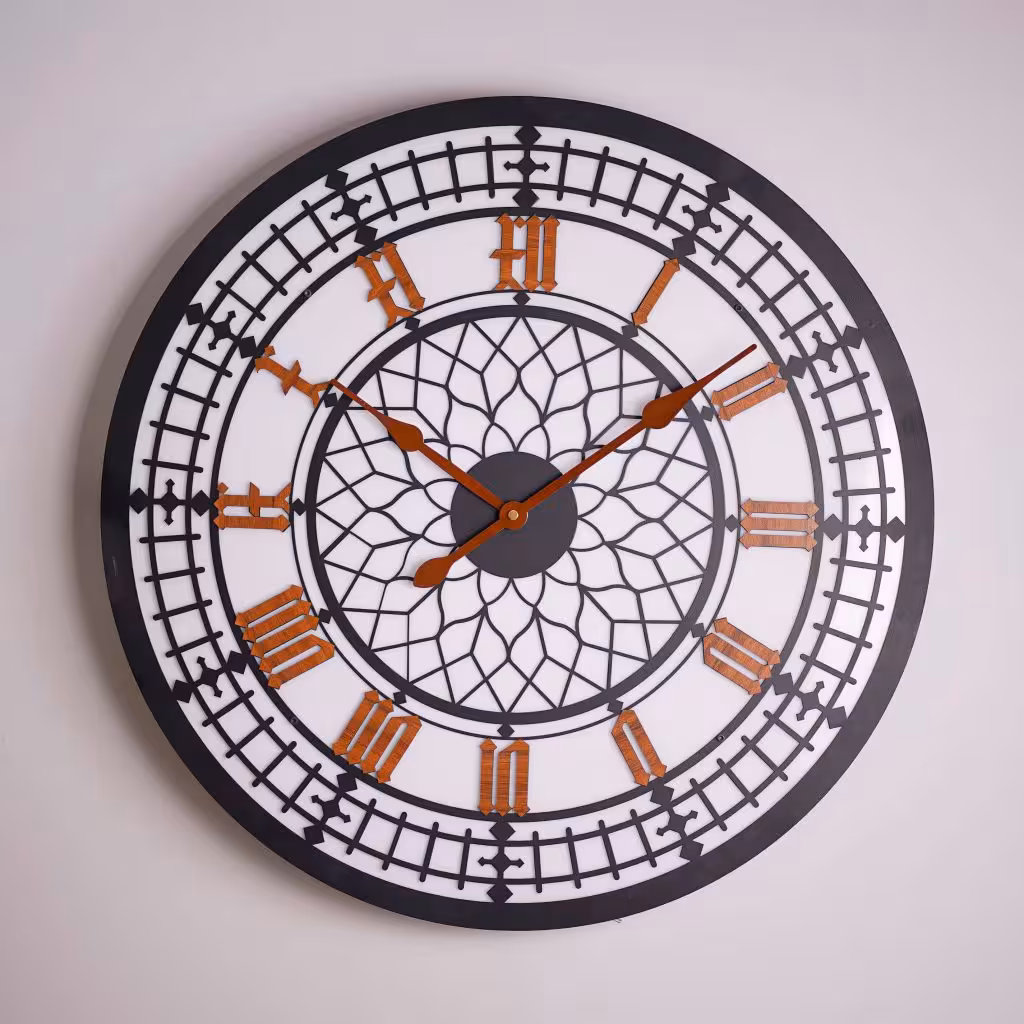 ساعت دیواری فلزی مدل گریس — طراحی لیزری   اعداد چوبی   قابل سفارش سایز و رنگ