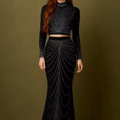 تاپ و دامن زنانه کرپ مدل کراپ دامن نگینی لباس مجلسی نگینی