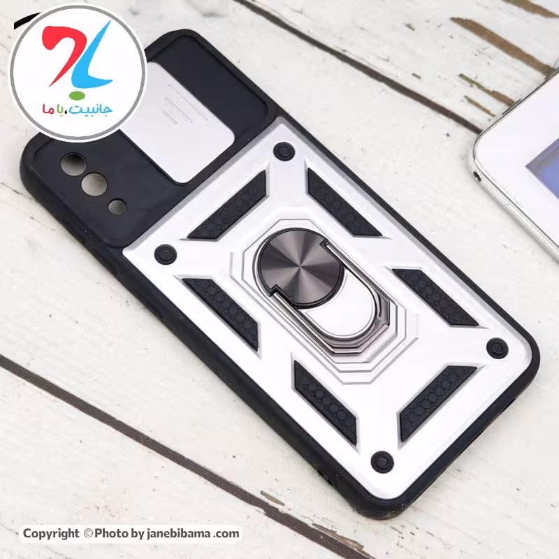 قاب گوشی سامسونگ ضد ضربه محافظ لنزدار هولدر دار Samsung A30 - نقره ای