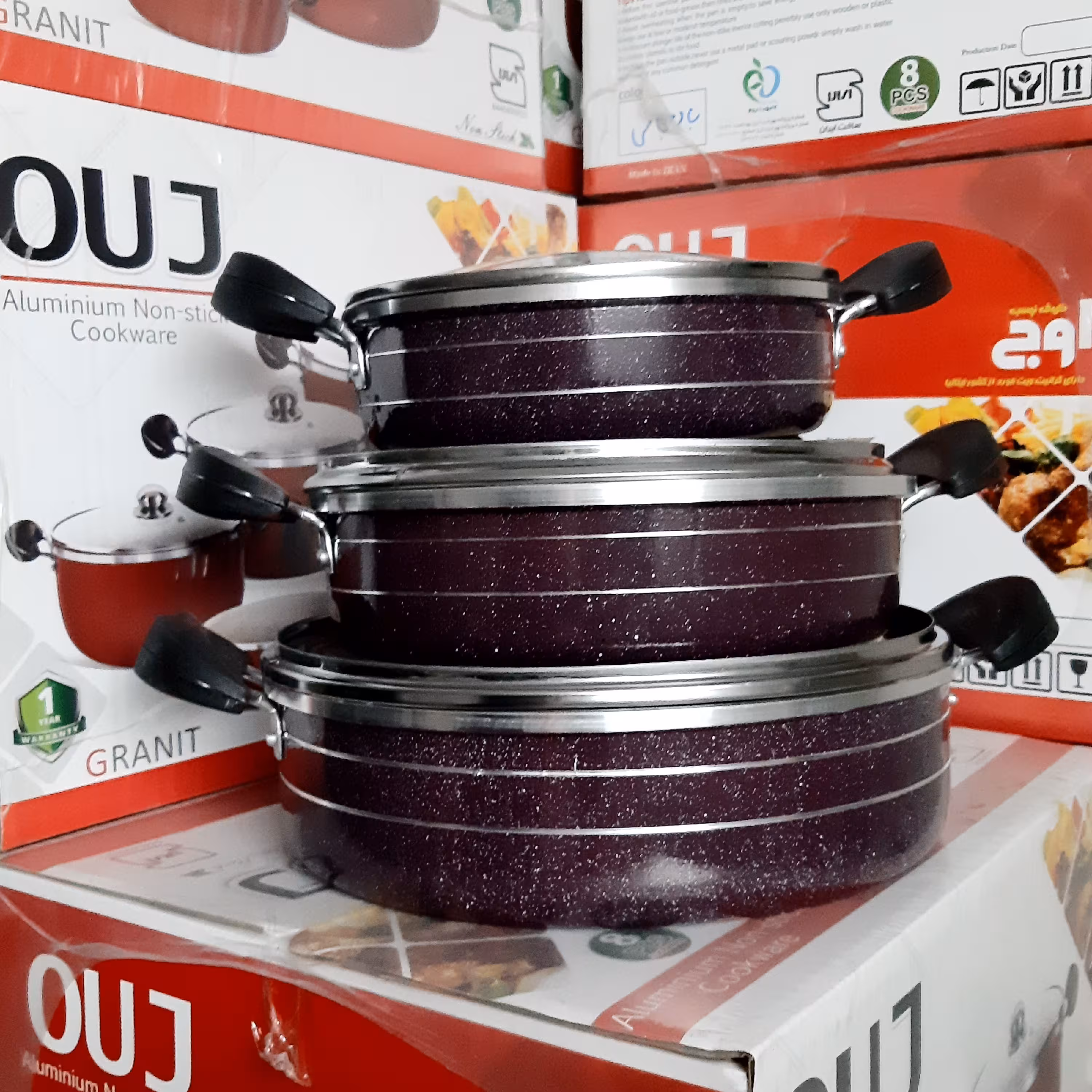 سرویس تابه 6 پارچه گرانیت زنبوری طرح چدن برند کیژان (با درب پیرکس) 