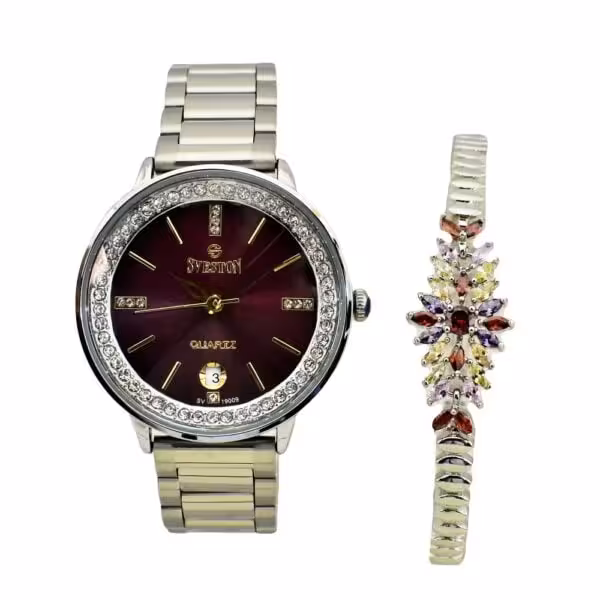SVESTON NO:SV-19009 ست ساعت و دستبند زنانه ساخت ژاپن رنگ نقره ای