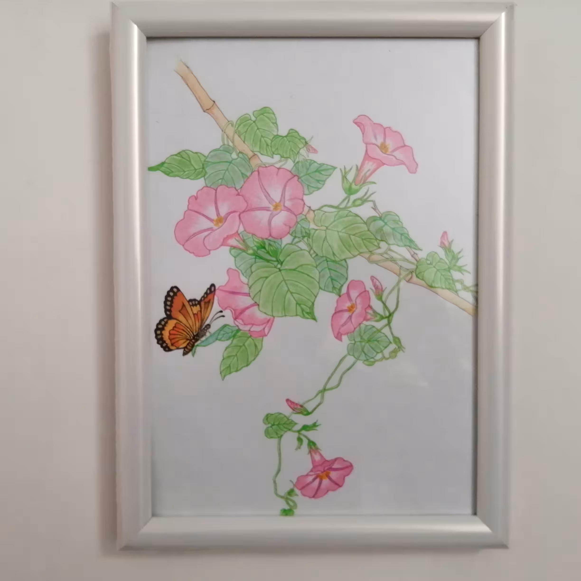 تابلو نقاشی با مداد رنگی و روان نویس طرح گل های نیلوفر و پروانه