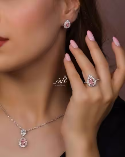 💍نیم ست جواهری اشکی با نگین صورتی خاص و زيبا نقره عیار 925 (آويز ،گوشواره و انگشتر )(N_4402)‌‌‌‌‌‌ ‌