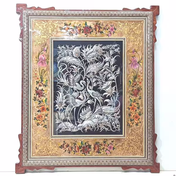 تابلو قلمزنی طرح مینیاتور و پلاک قلمزنی گل و مرغ