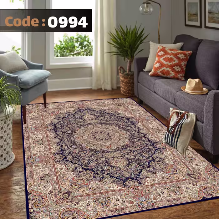 کاورفرش روفرشی دورکشدار گوشه لیفه ای لاکی ، آبی و متنوع کد 0994