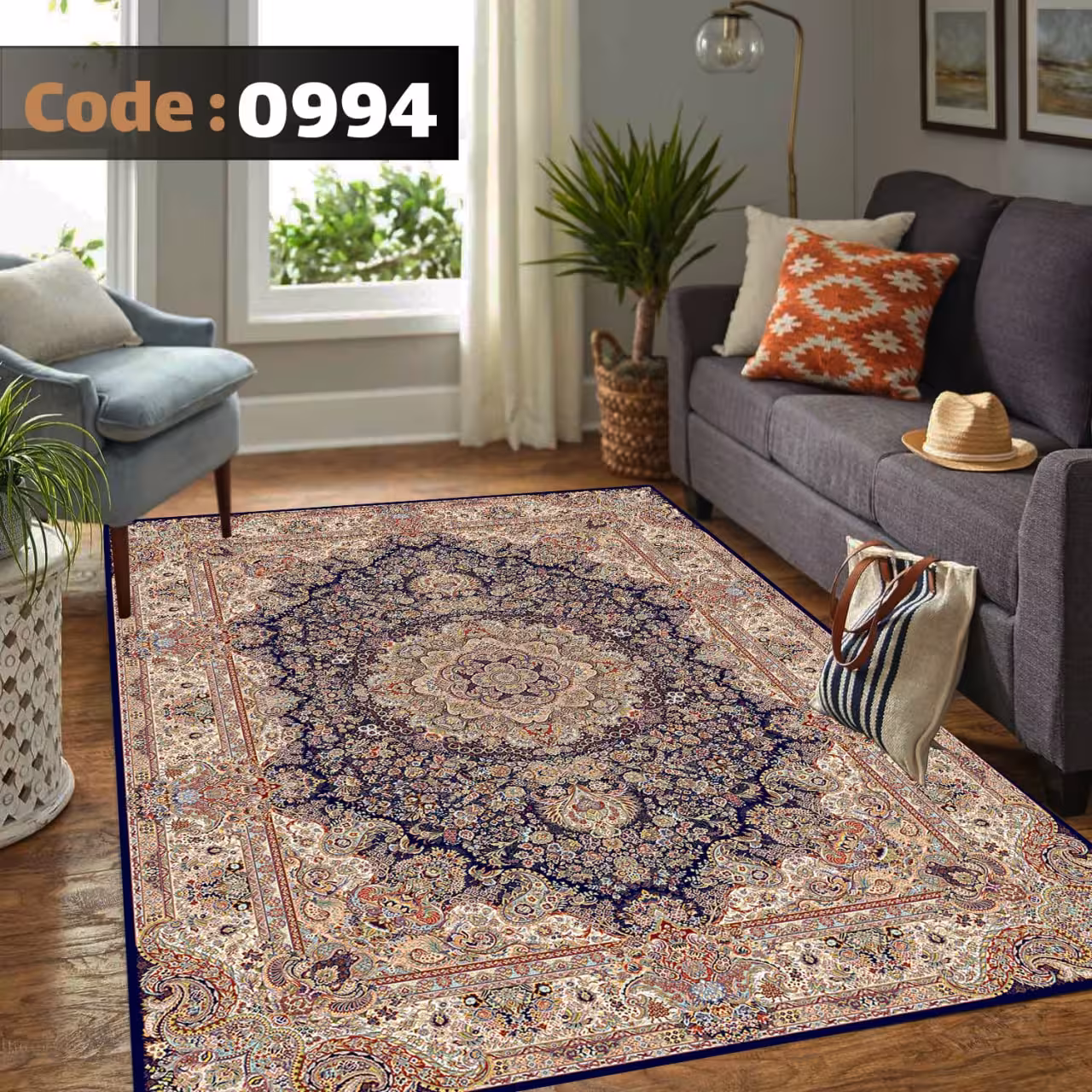 کاورفرش روفرشی دورکشدار گوشه لیفه ای لاکی ، آبی و متنوع کد 0994