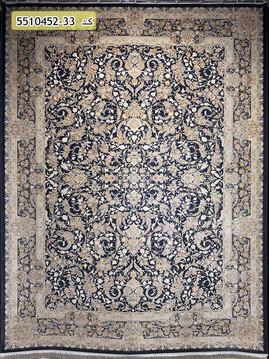 فرش 1500 شانه طرح مروارید زمینه زغالی کاشان – گل برجسته