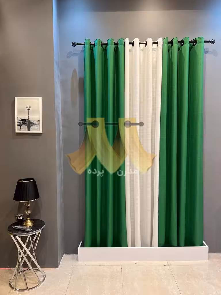 پرده آماده پانچی کتان ساده سبز تیره