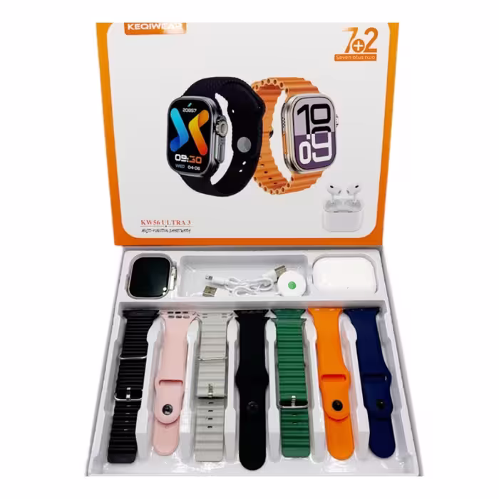 پک ساعت هوشمند و ایرپاد پرو مدل KEQIWEAR KW56 ULTRA3 با 7 بندساعت