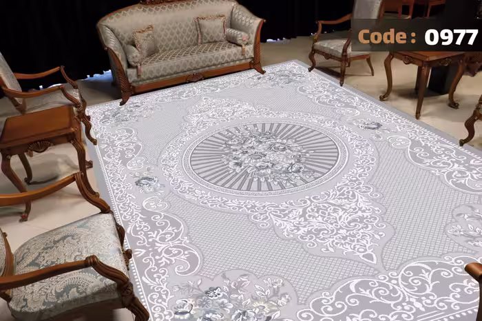 کاورفرش روفرشی دورکشدار گوشه لیفه ای طوسی کرم کد 0977
