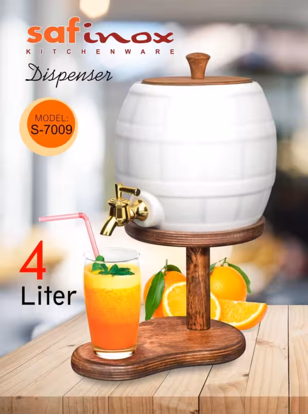 کلمن شربت و نوشیدنی پایه دار چوب سرامیک 4 لیتری safinox 7009