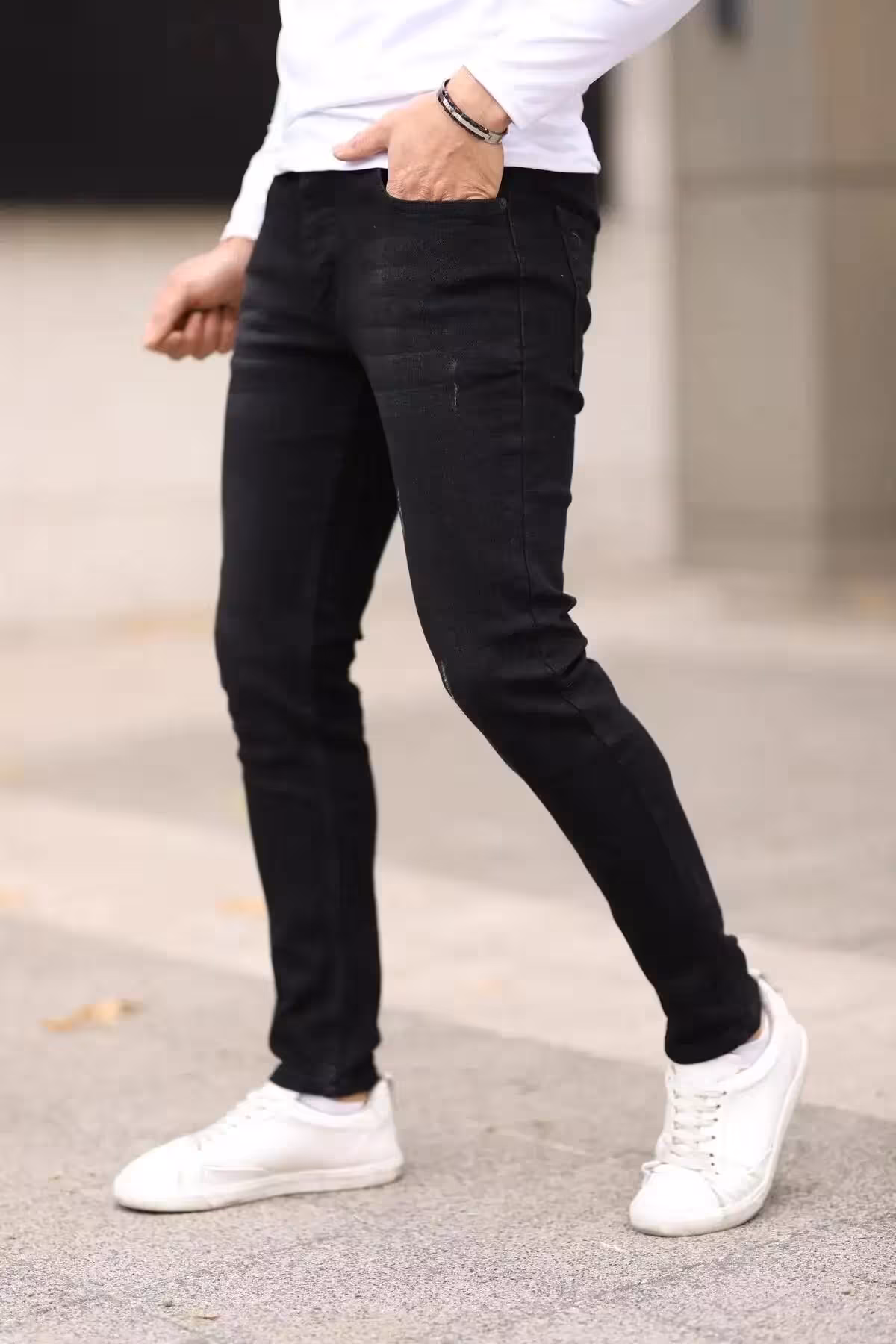 شلوار جین مشکی مردانه با برش باریک و کشی - 4699