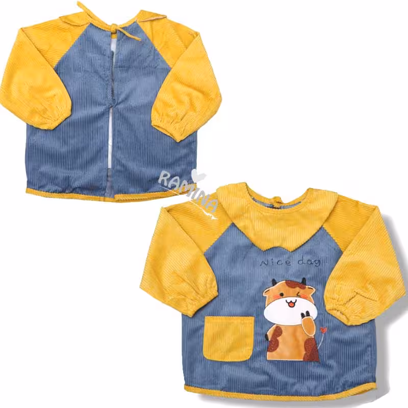 پیشبند لباسی مخمل کبریتی دو رنگ کودک طرح گاو