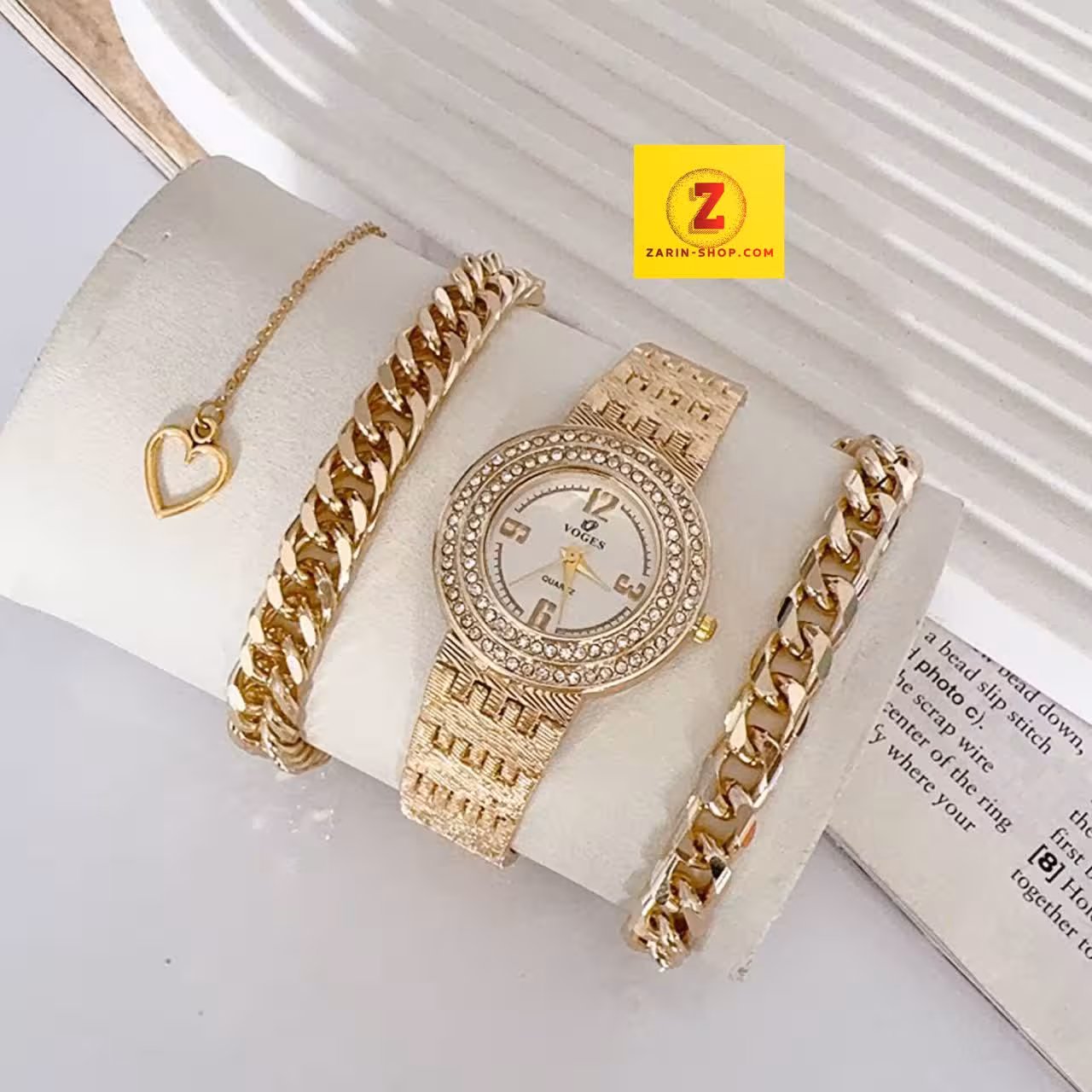 ست ساعت نگینی زنانه و دو دستبند با اشانتیون