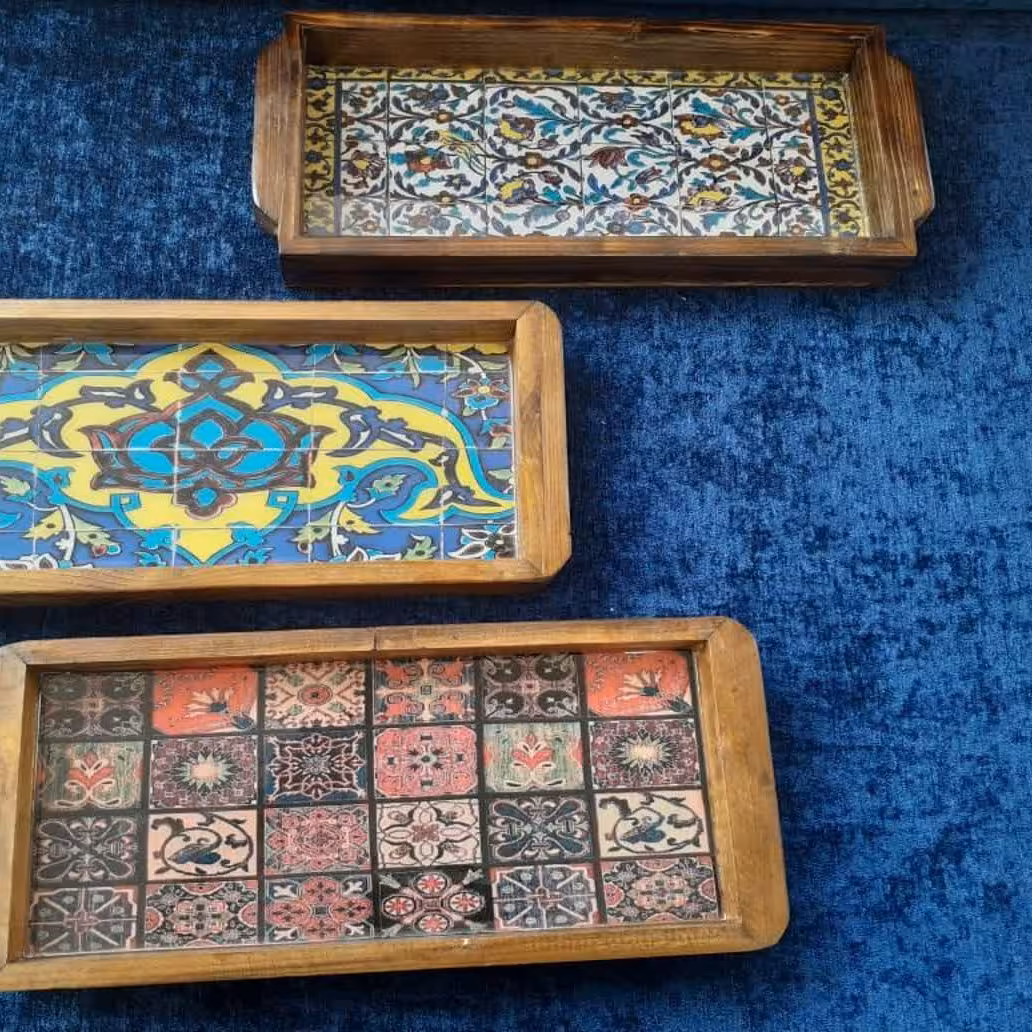 سینی چوبی سنتی رزین کاری رولت خوری طرح گلدخت