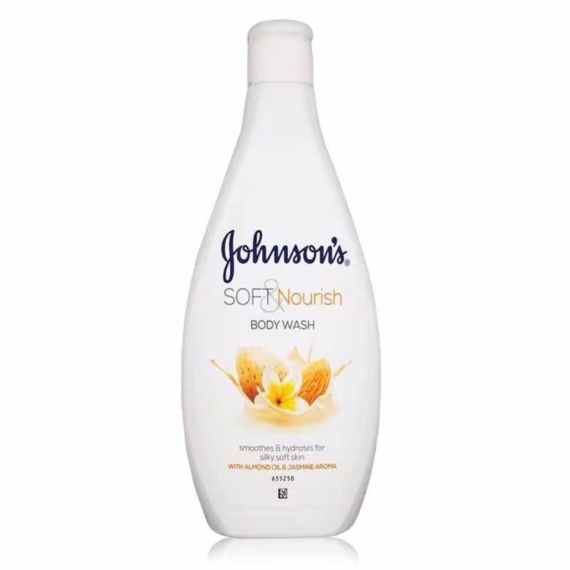 شامپو بدن حاوی عصاره بادام و گل یاس مدل soft and nourish جانسون (johnsons) 750میل