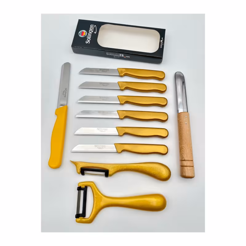 ست 10 عددی چاقوی میوه‌خوری، پوست‌کن و ابزار تزئین زولینگن | Solingen | مدل کلیور سیم‌دار | رنگ طلایی | تیغه استیل ضدزنگ | طراحی ارگونومیک | مناسب برای آشپزخانه و پذیرایی | ساخت آلمان