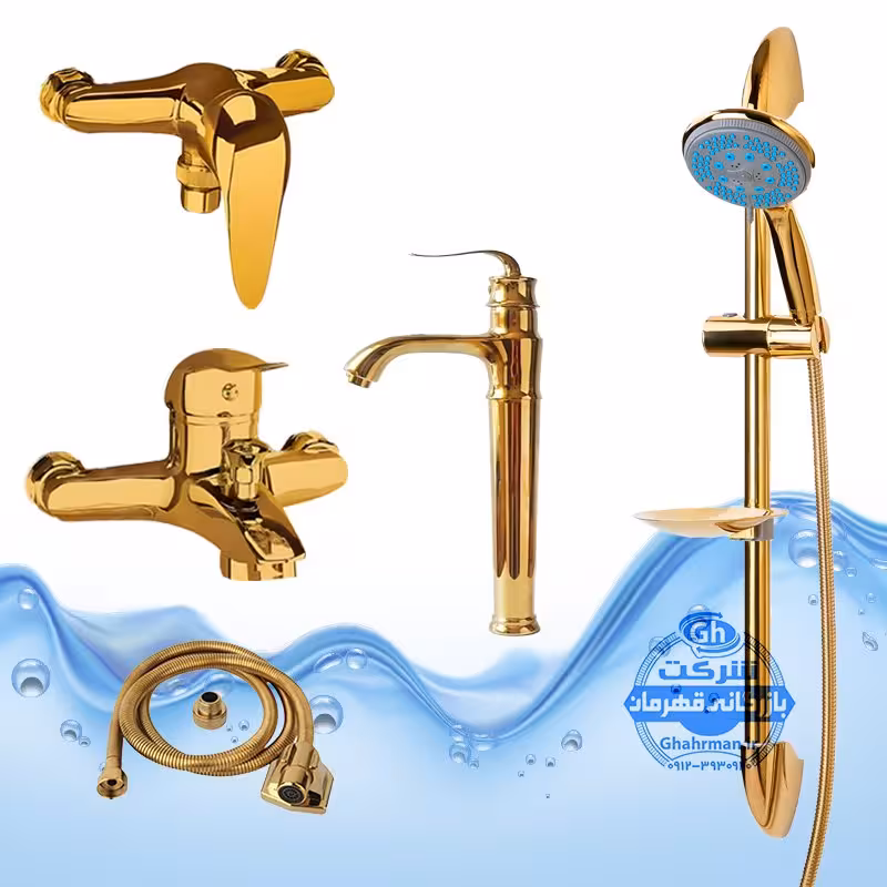 ست 5 عددی شیرآلات برند آیدا صنعت مدل قهرمان | روشویی پایه‌بلند   توالت   حمام   شلنگ   علم یونیکا | طلایی براق