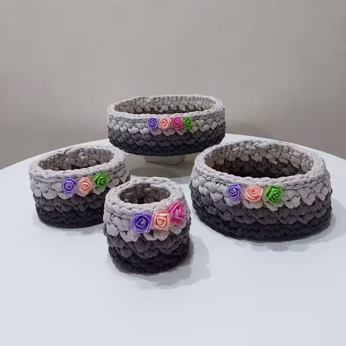 سبد قلاب بافی تریکو طرح کجراه کد 01 مجموعه 4 عددی