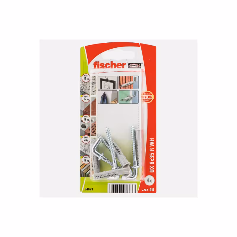 فیشر UX 6×35 | رولپلاک جهانی قلاب دار | قطر 6 میلی‌متر | طول 35 میلی‌متر | پیچ زاویه‌دار | مناسب برای آویز در بتن و مصالح ساختمانی | محصول اصلی فیشر آلمان