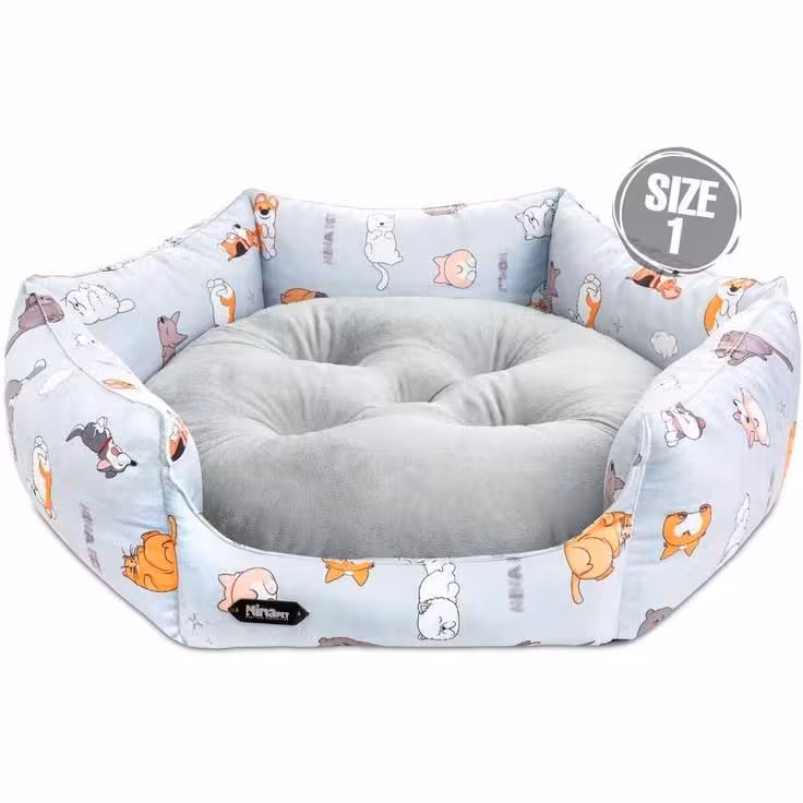 جای خواب سگ و گربه برند نیناپت مدل 6 ضلعی VIP سایز 1 طرح موش و گربه -طوسی ابعاد: 75x75x22 سانتی‌متر