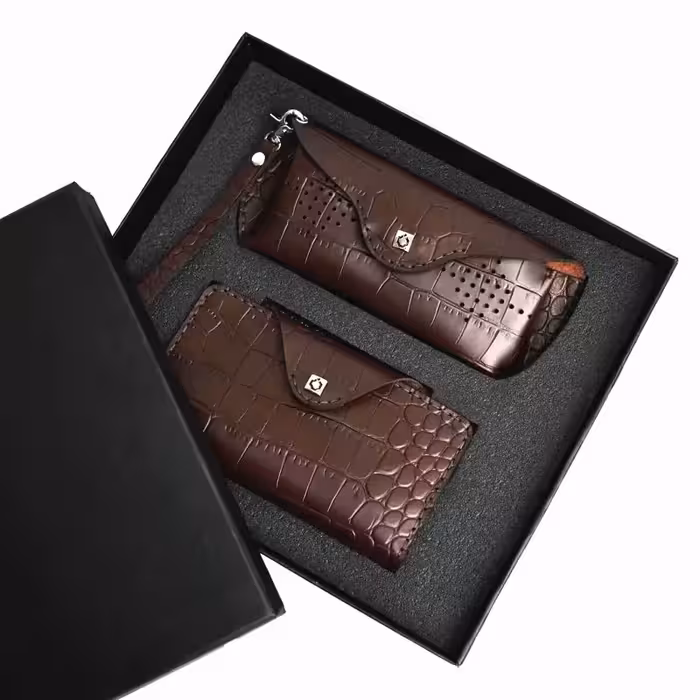 ست جاکارتی و قاب عینک چرم دست‌دوز مدل گاندی - چرم نیاوران