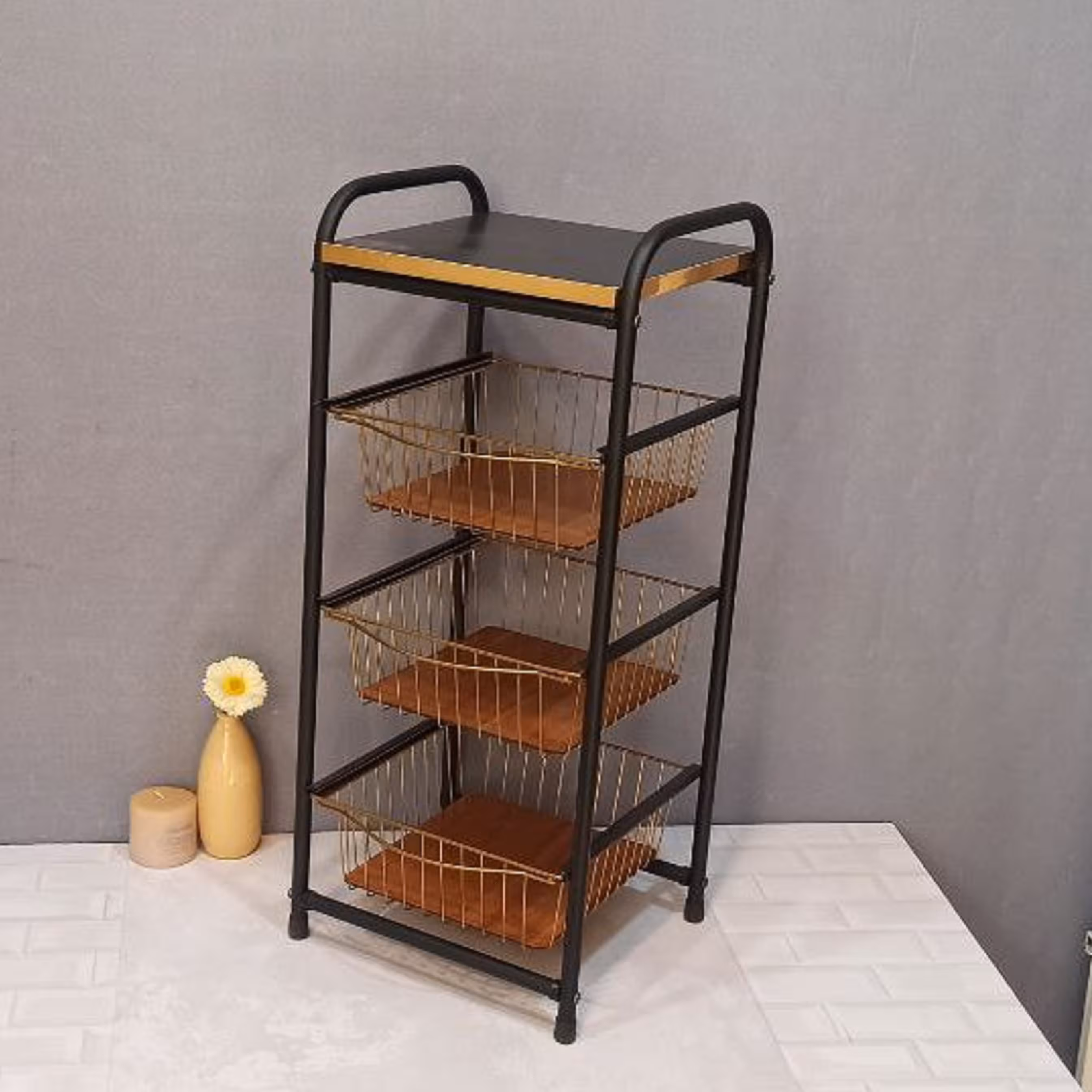 جا پیازی جاسیب زمینی 3طبقه کف چوبی رنگ مشکی طلایی کشویی سبد سیب زمینی باکیفیت 