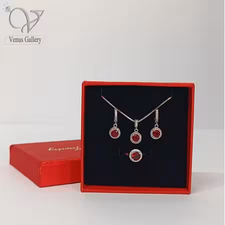 نیم ست نقره زنانه نگین سنتتیک قرمز گرد کد 8904