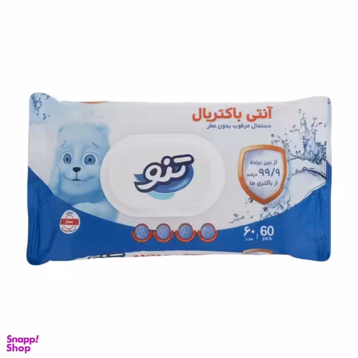 دستمال مرطوب تنو مدل آنتی باکتریال بسته 60 عددی