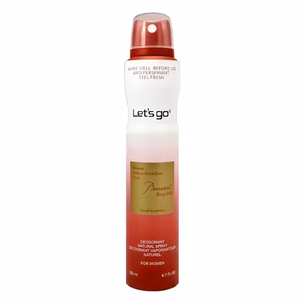 اسپری خوشبو کننده بدن  زنانه lets go لتس گو مدل bacarat roge حجم 200 میلی لیتر | Let’s Go women’s Body Deodorant Spray Model bacarat roge 200 ml