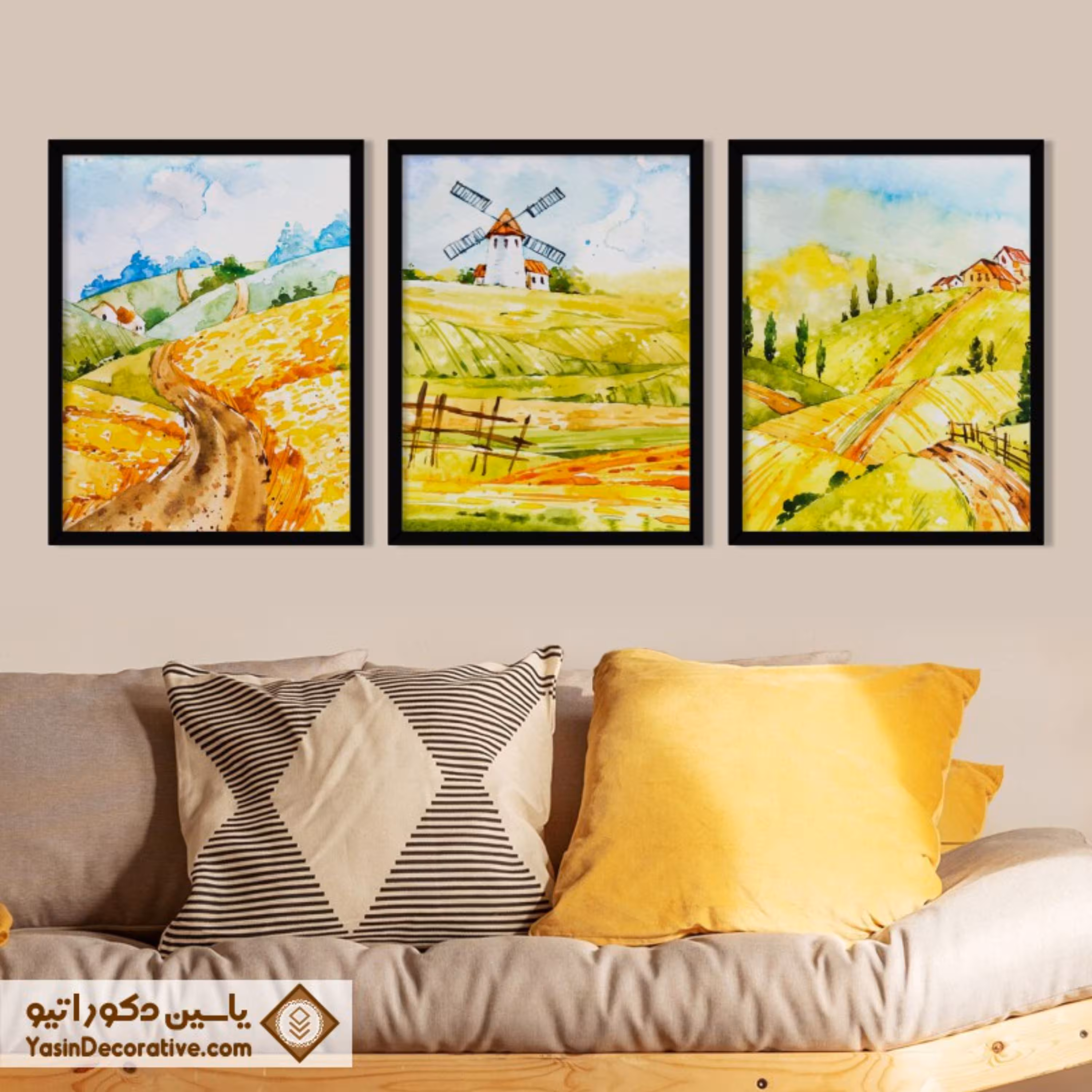 تابلو دکوراتیو طرح نقاشی آبرنگ منظره روستایی مجموعه 3 عددی سایز 30 در 40