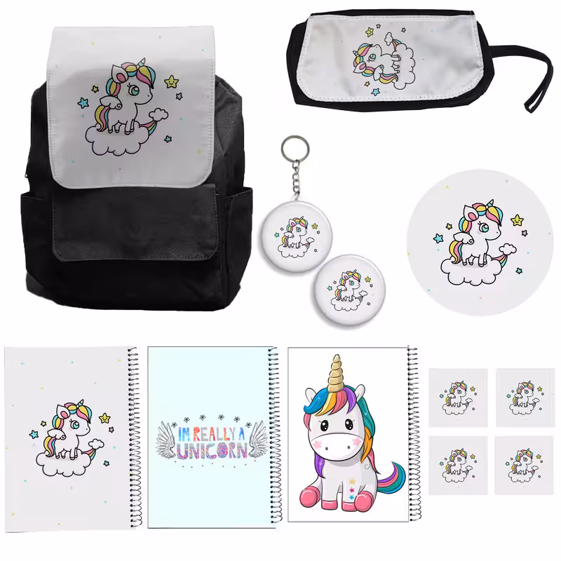 کوله پشتی مدل یونیکورن تک شاخ کد A15 Unicorn به همراه دفتر مشق و جامدادی و زیر لیوانی و جاکلیدی مجموعه 12 عددی | کالا مکس
