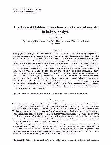 خرید و دانلود نسخه کامل کتاب Conditional likelihood score functions for mixed models in linkage analysis